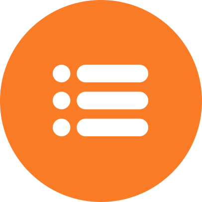 Orange circle with a white abstract icon resembling a list or document with bullet points on the left side.