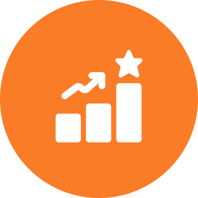 Orange circle with a white bar chart increasing left to right and a star on the highest bar, symbolizing achievement or rating.