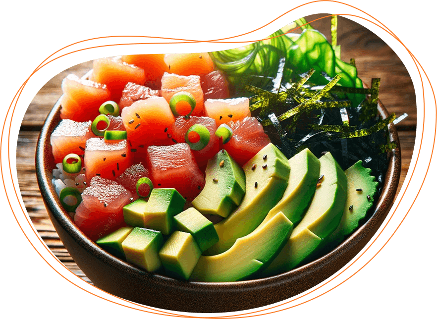 A bowl of poke featuring cubes of raw tuna, avocado slices, seaweed, and chopped green onions, served on a wooden table.